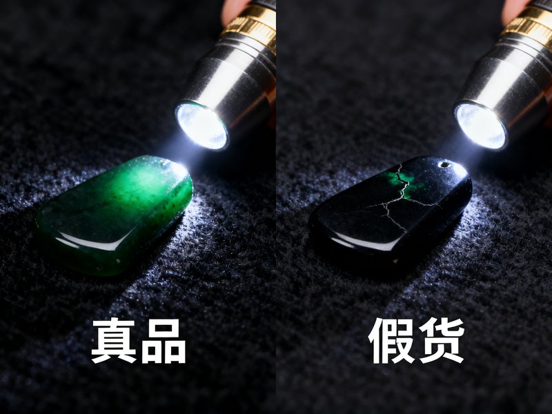 真假墨翠对比图：左侧真品打灯见绿，右侧假货打灯不显光